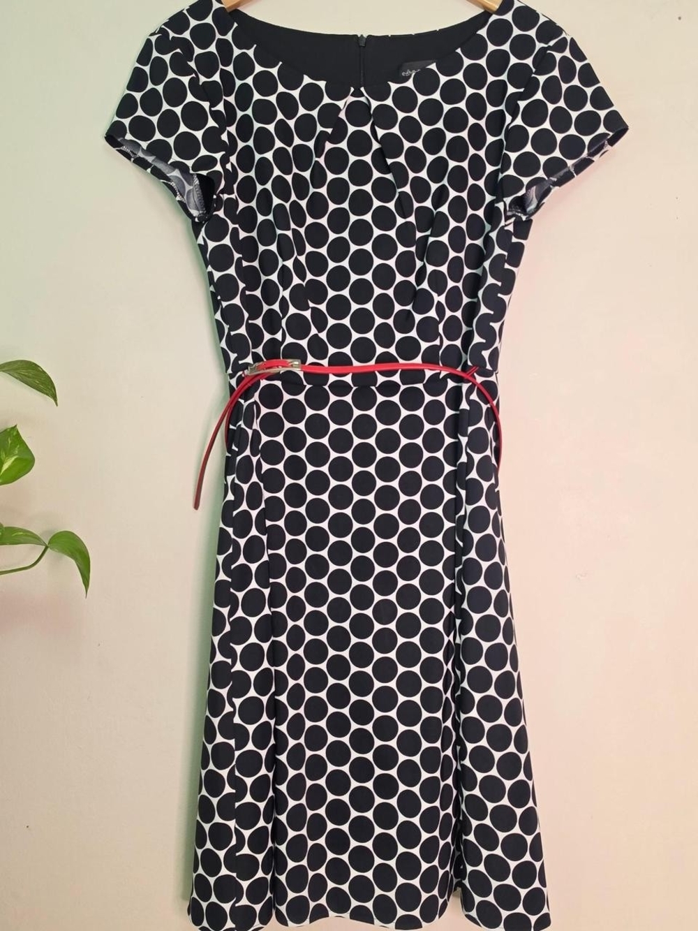2000s Y2K Black White Polka Dot Midi Dress With Red Belt Size 12